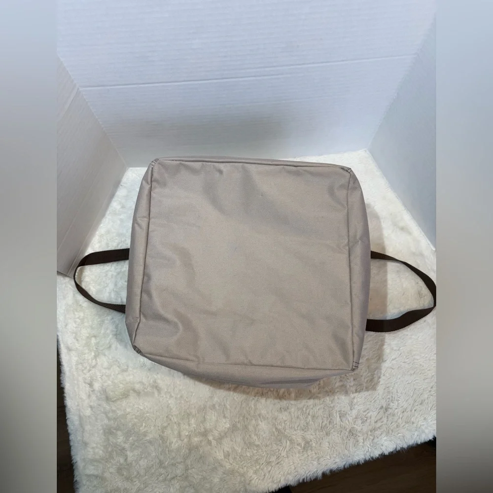 thirty-one small square beige colored tote with brown handles & blue elephant